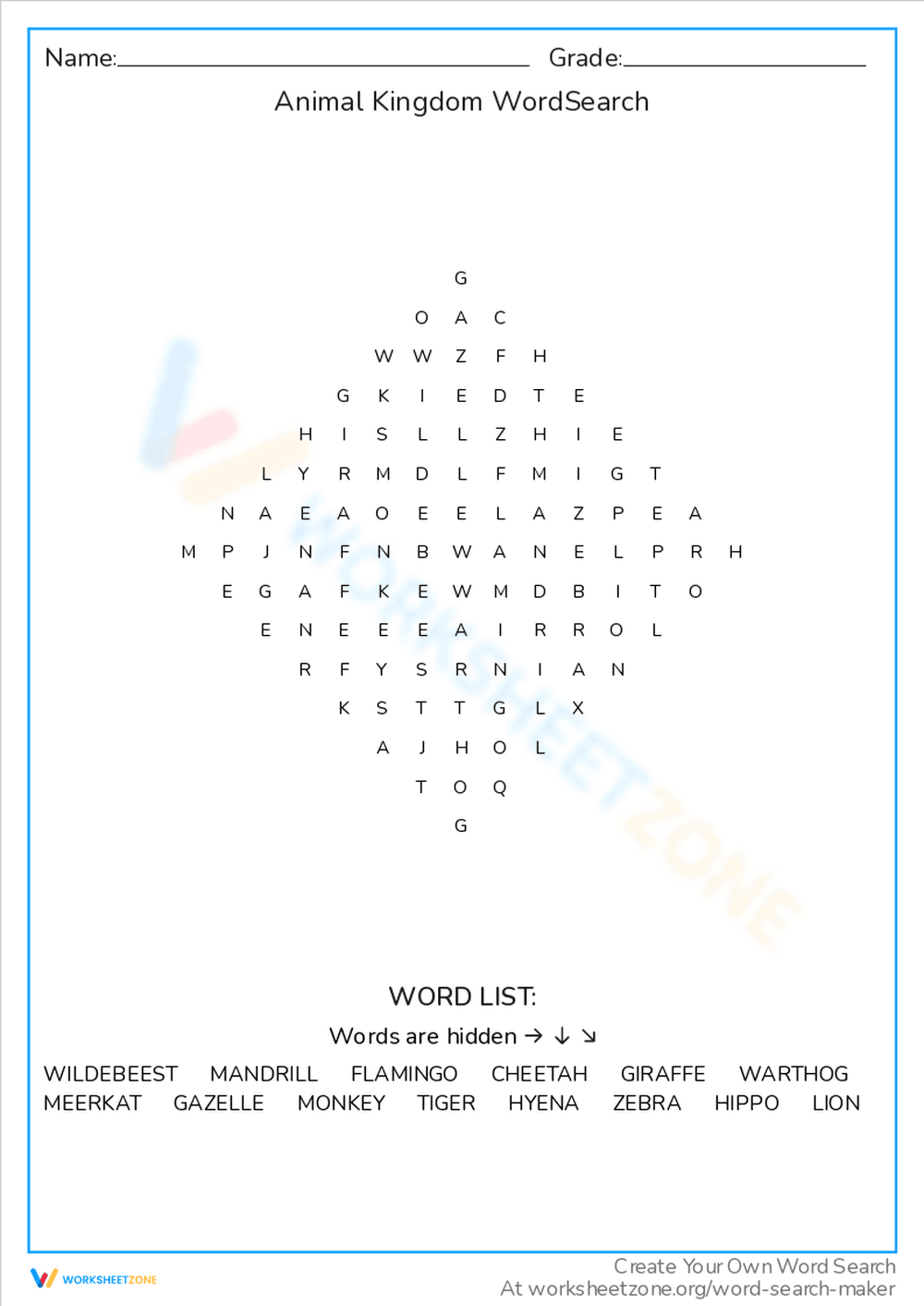 Animal Kingdom Word Search - Page 1