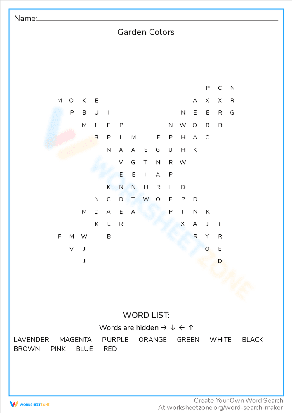 Identify Garden Colors: A Fun Word Search - Page 1