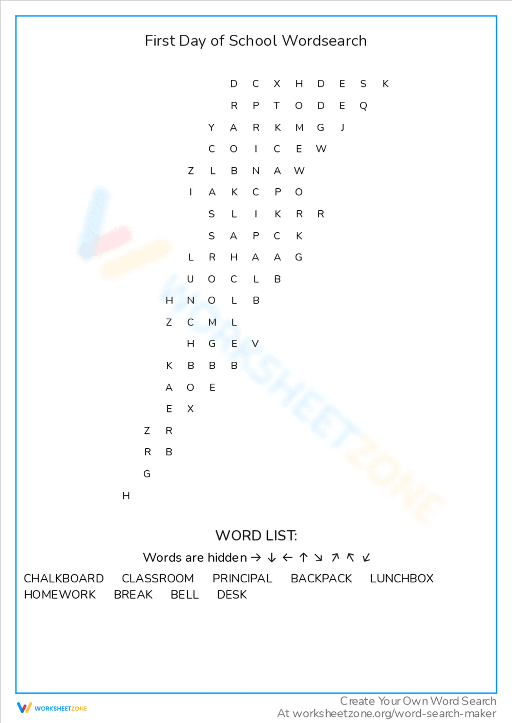 Fun First Day of School Word Search Worksheet - Page 1