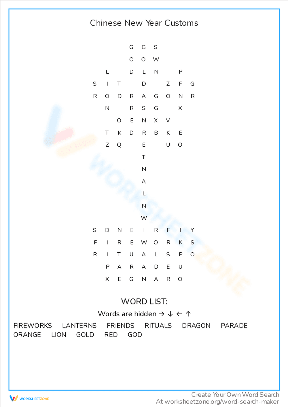 Chinese New Year Customs Worksheet - Page 1