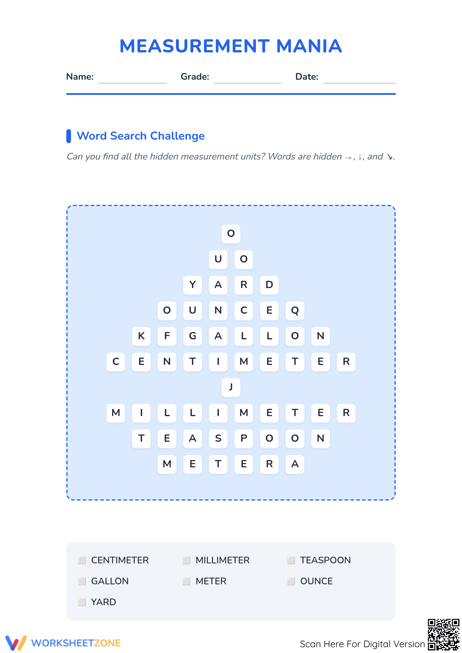 Measurement Units Word Search & Quiz | Grade 3 Printable - Page 1