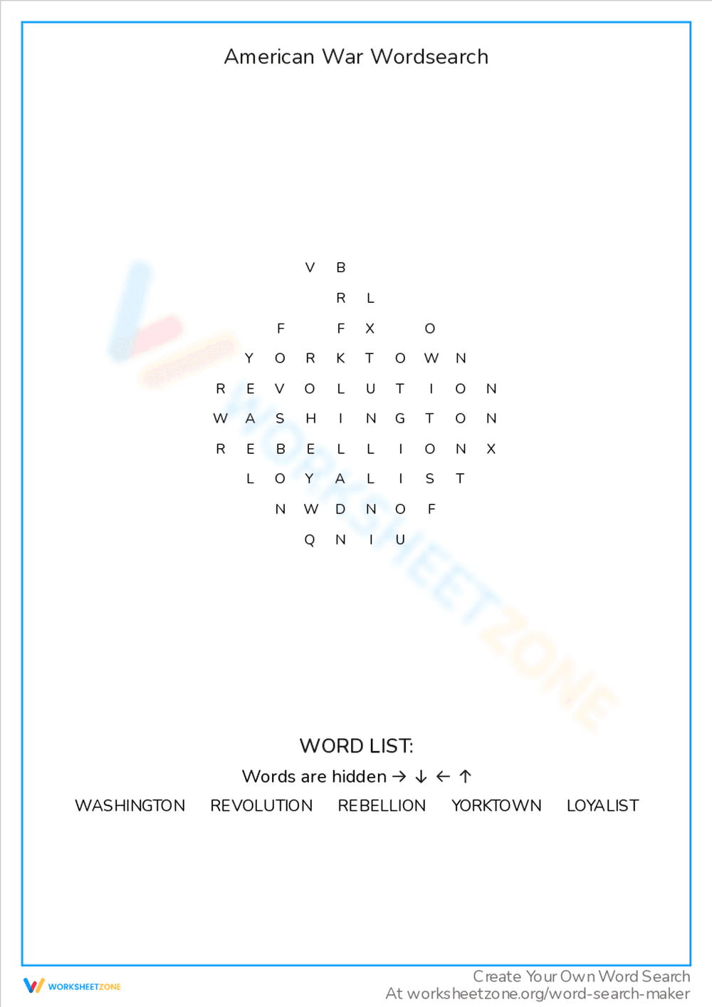 American War Word Search: Worksheet Activity - Page 1