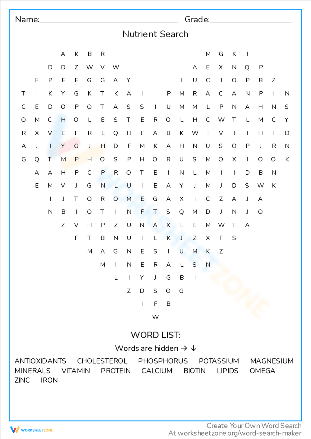 Nutrient Search Word Puzzle - Page 1