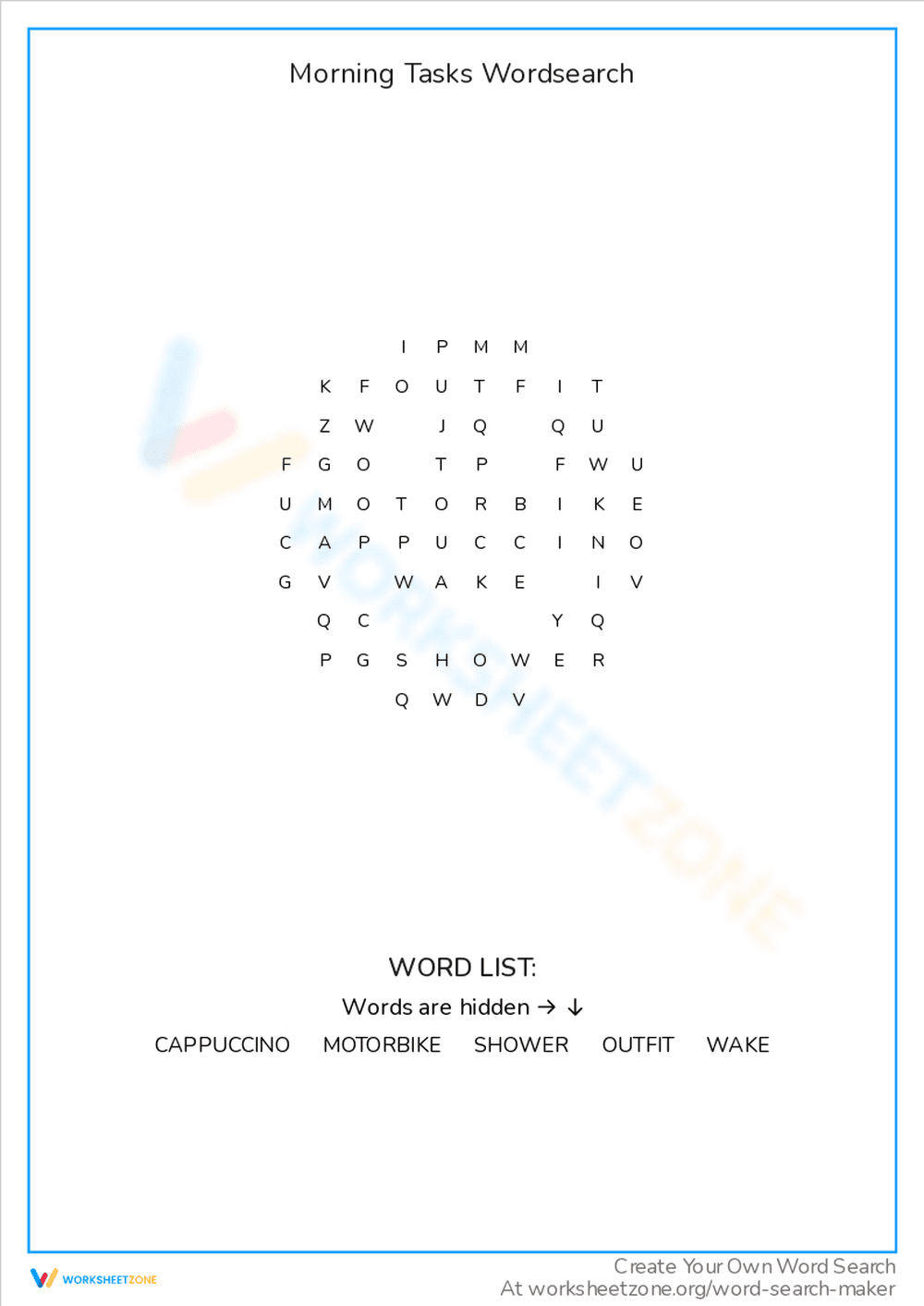 Morning Tasks Word Search Puzzle - Page 1