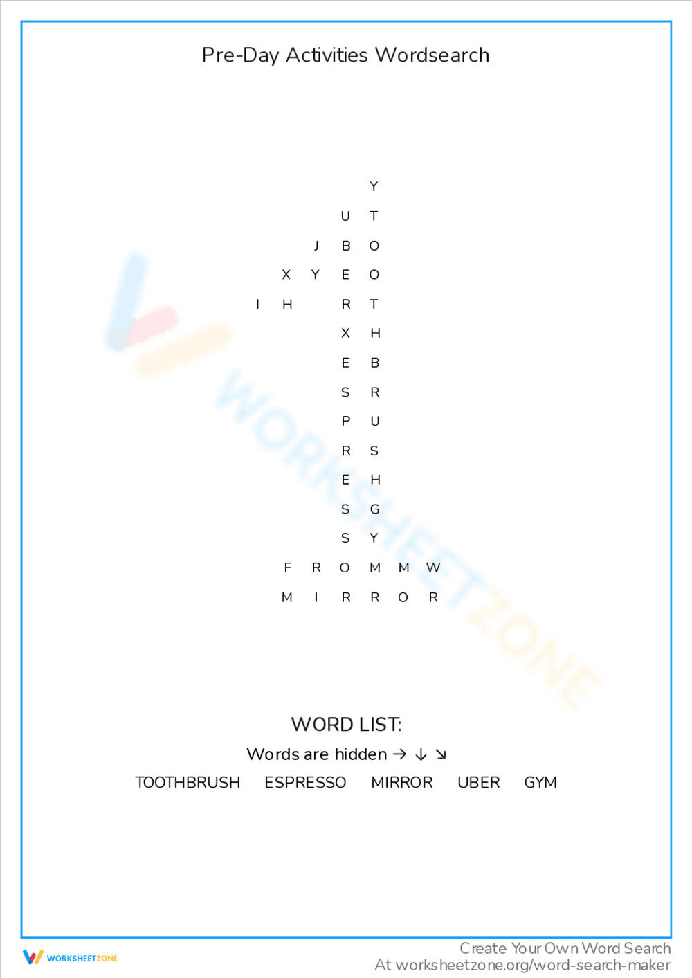 Pre-Day Activities Word Search Puzzle - Page 1