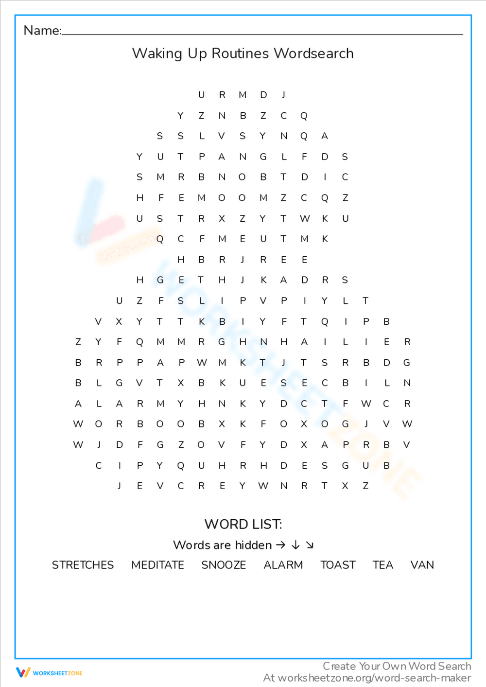 Word Search: Waking Up Routines Vocabulary - Page 1