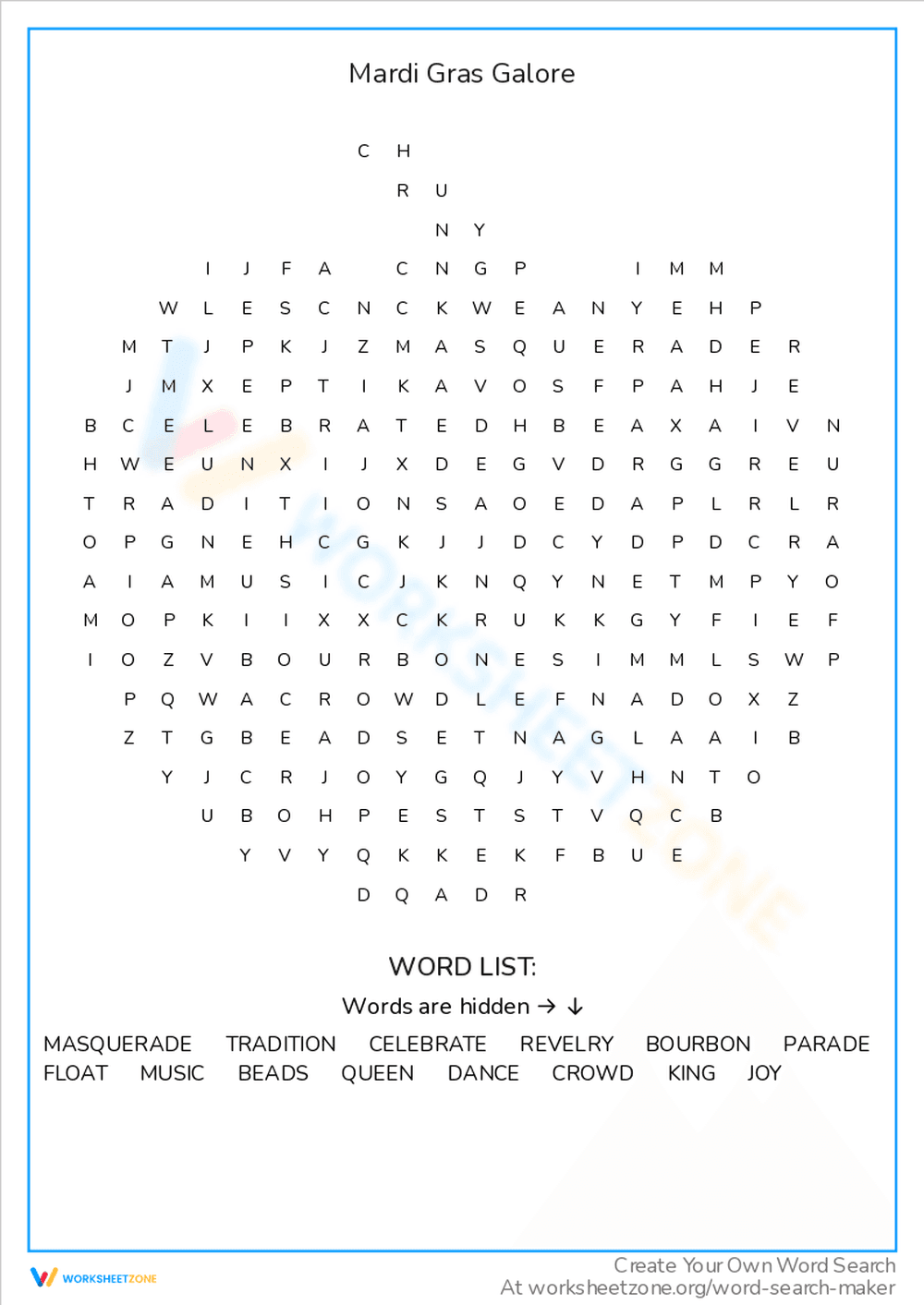 Explore Mardi Gras Galore with Word Search - Page 1