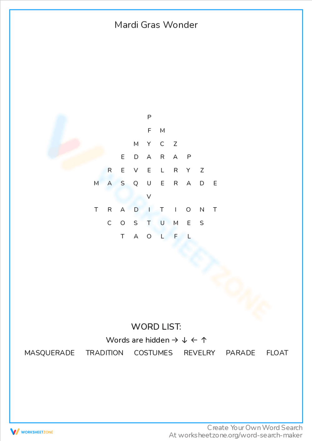 Mardi Gras Wonder Word Search Adventure - Page 1