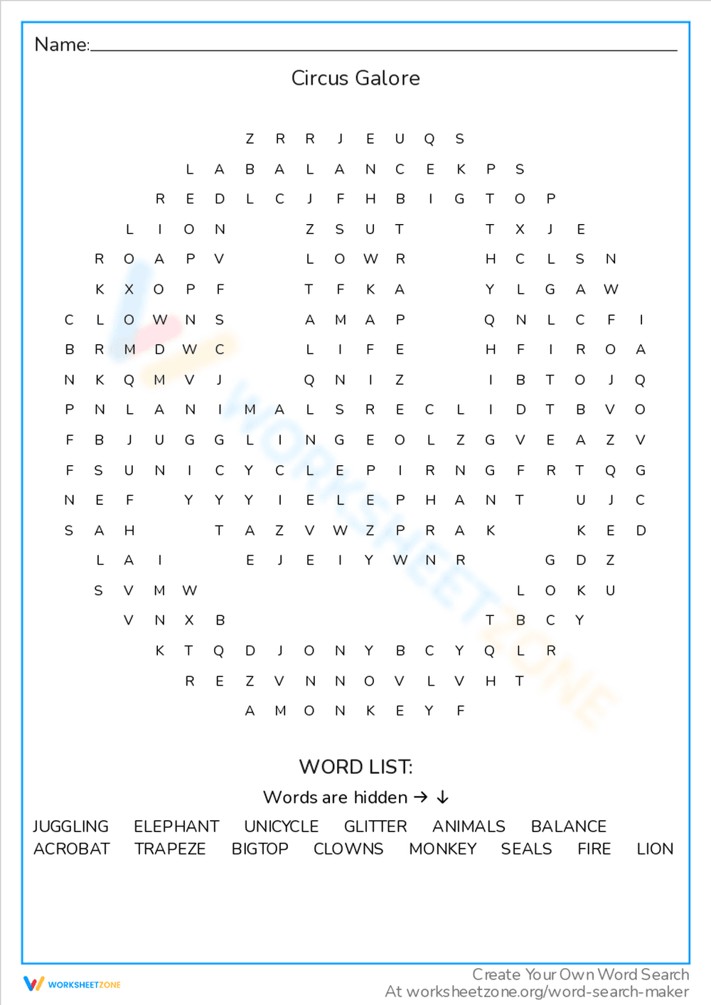 Find Circus Galore in This Word Search! - Page 1