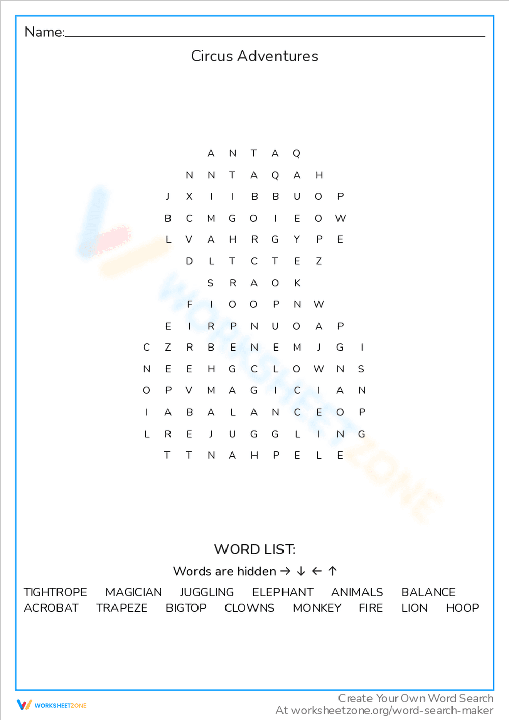 Embark on Circus Adventures Word Search! - Page 1