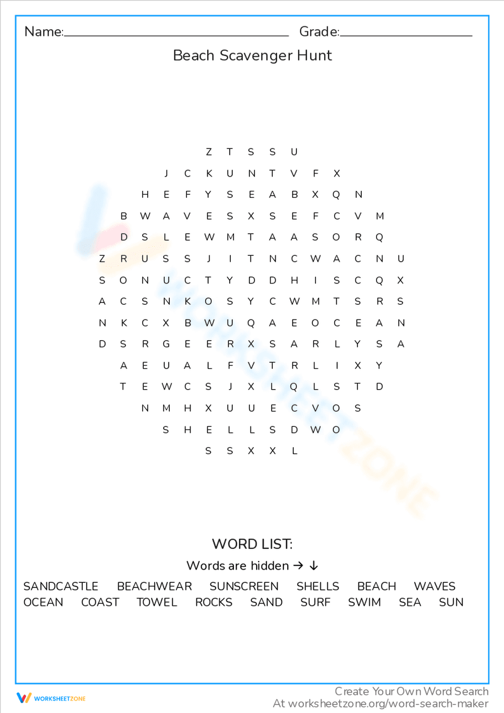 Go on Beach Scavenger Hunt Word Search - Page 1