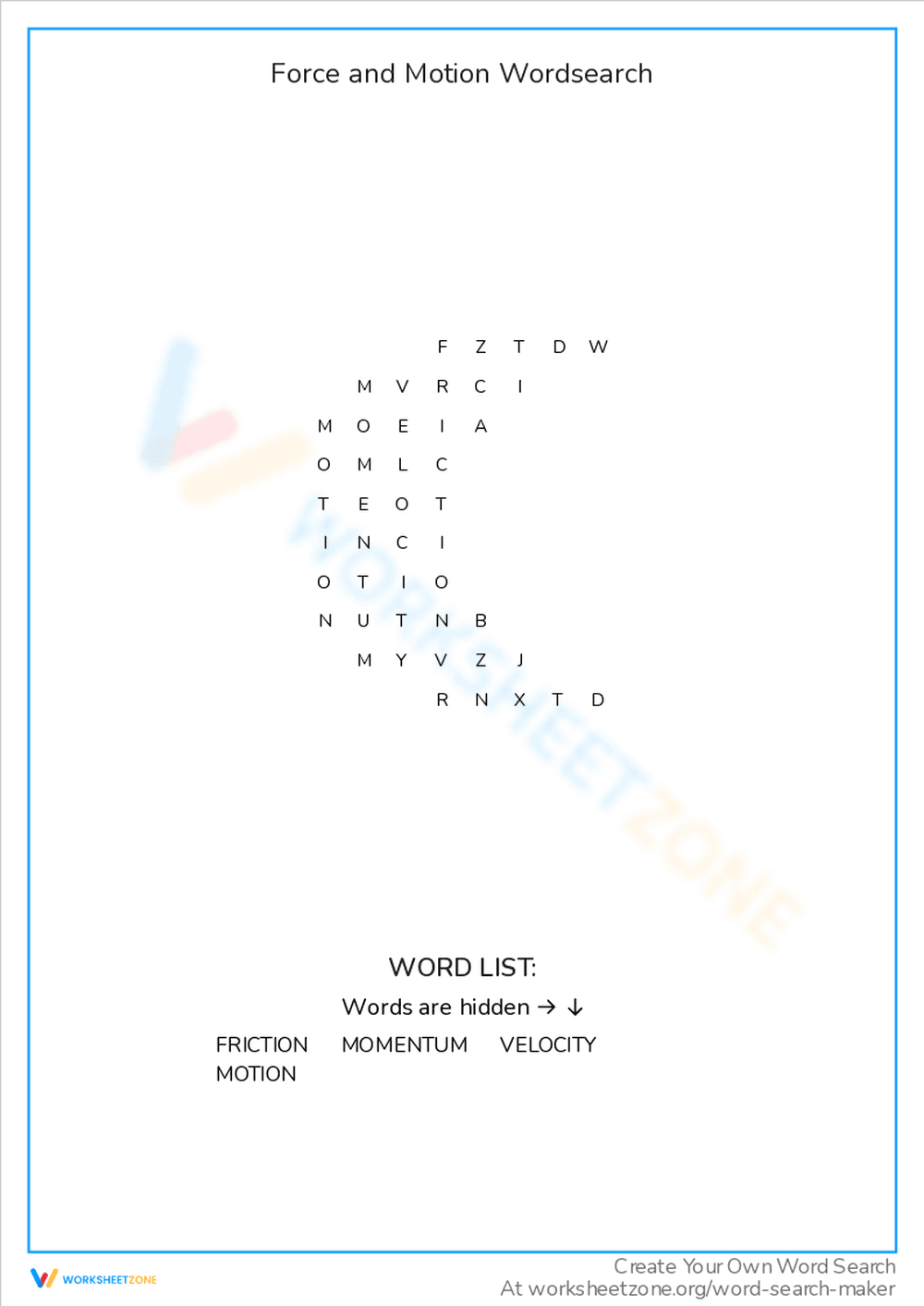 Force and Motion Wordsearch - Page 1