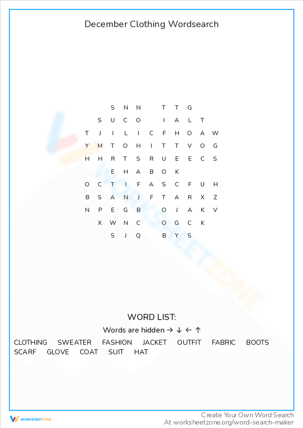 December Clothing Word Search: Wardrobe Words - Page 1