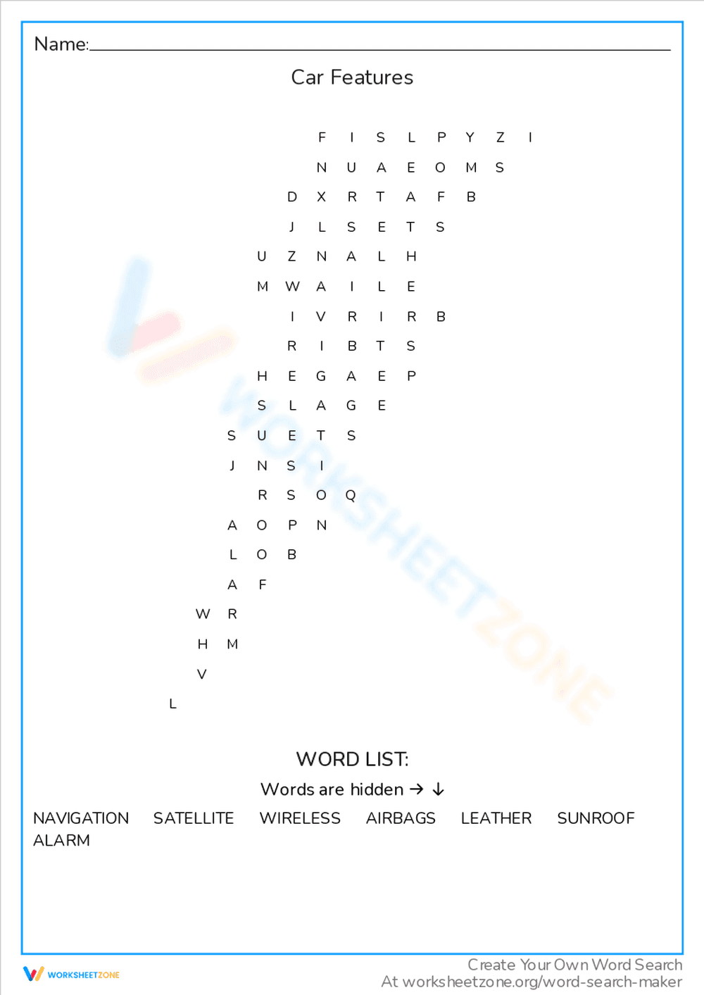 Car Features Word Search: Automotive Education - Page 1