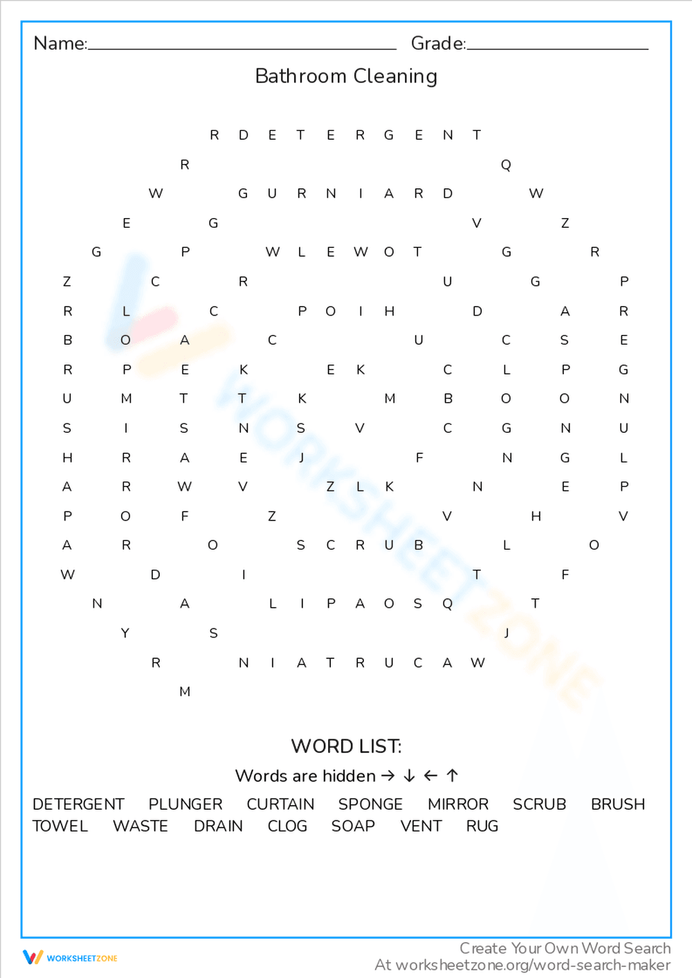 Bathroom Cleaning Word Search: Hygiene and Tasks - Page 1