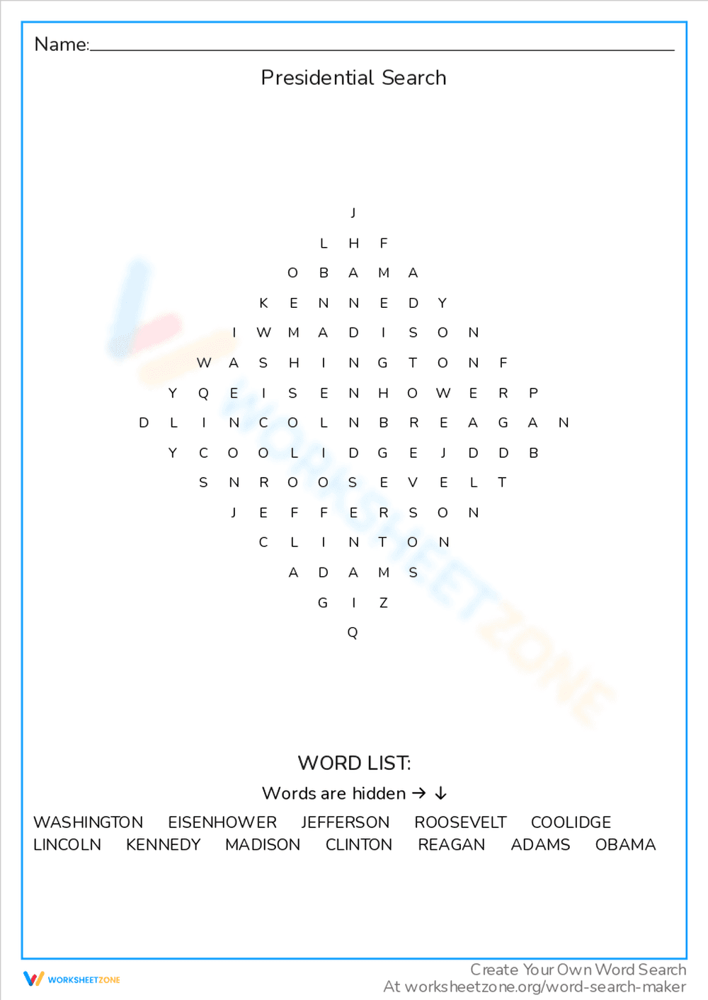 Presidential Search Worksheet - Page 1