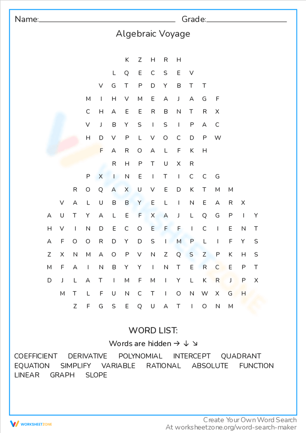 Algebraic Voyage Worksheet - Page 1