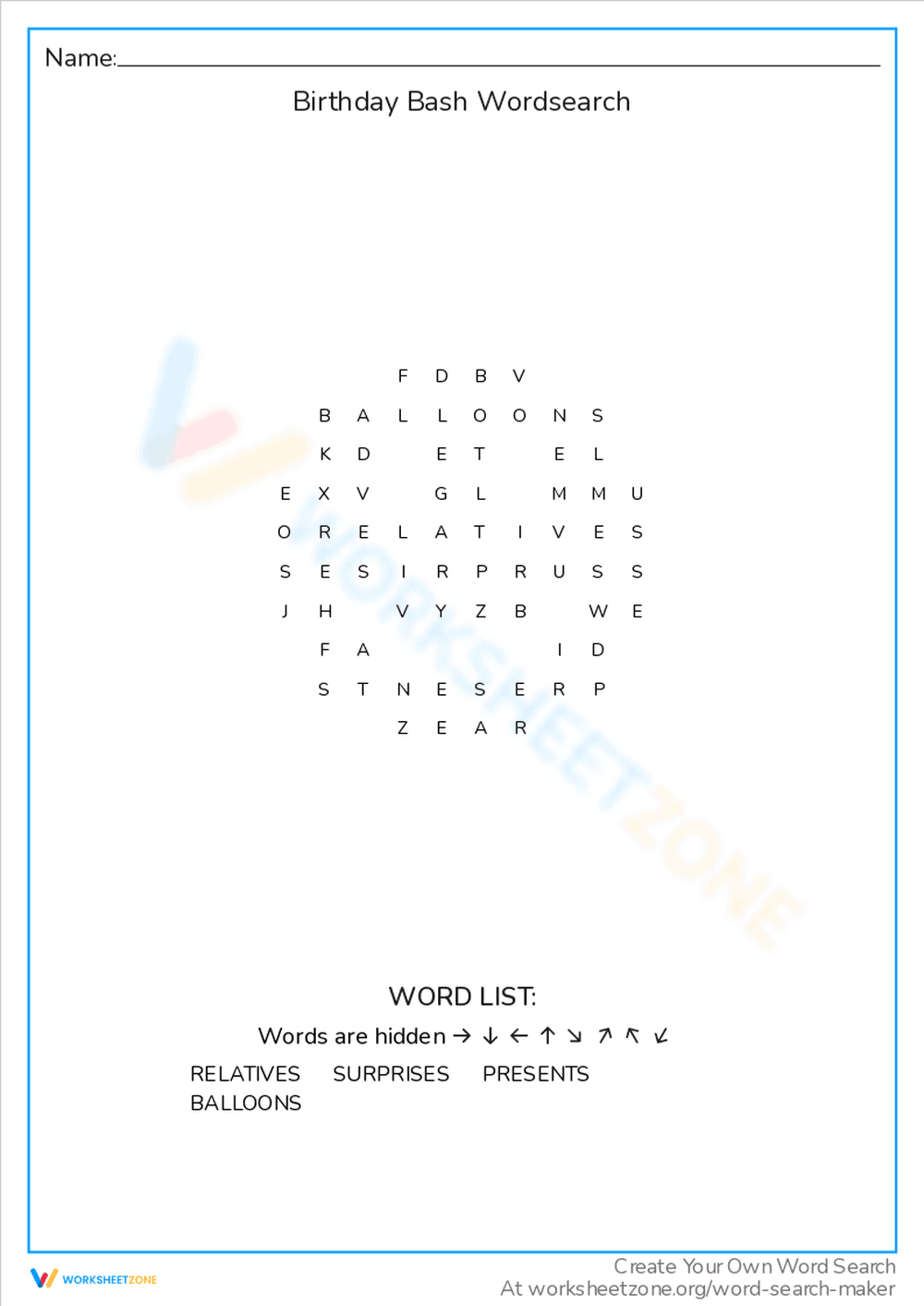 Fun Birthday Bash Wordsearch Worksheet - Page 1