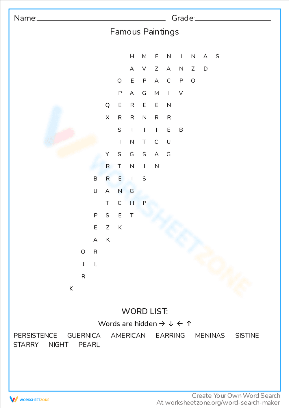 Learn Famous Paintings with this Worksheet - Page 1