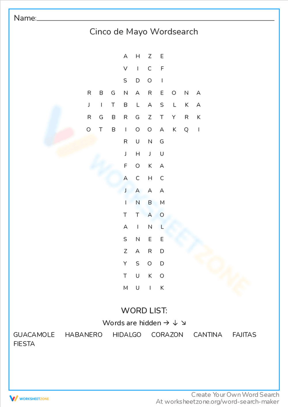 Cinco de Mayo Word Search Puzzle Worksheet - Page 1