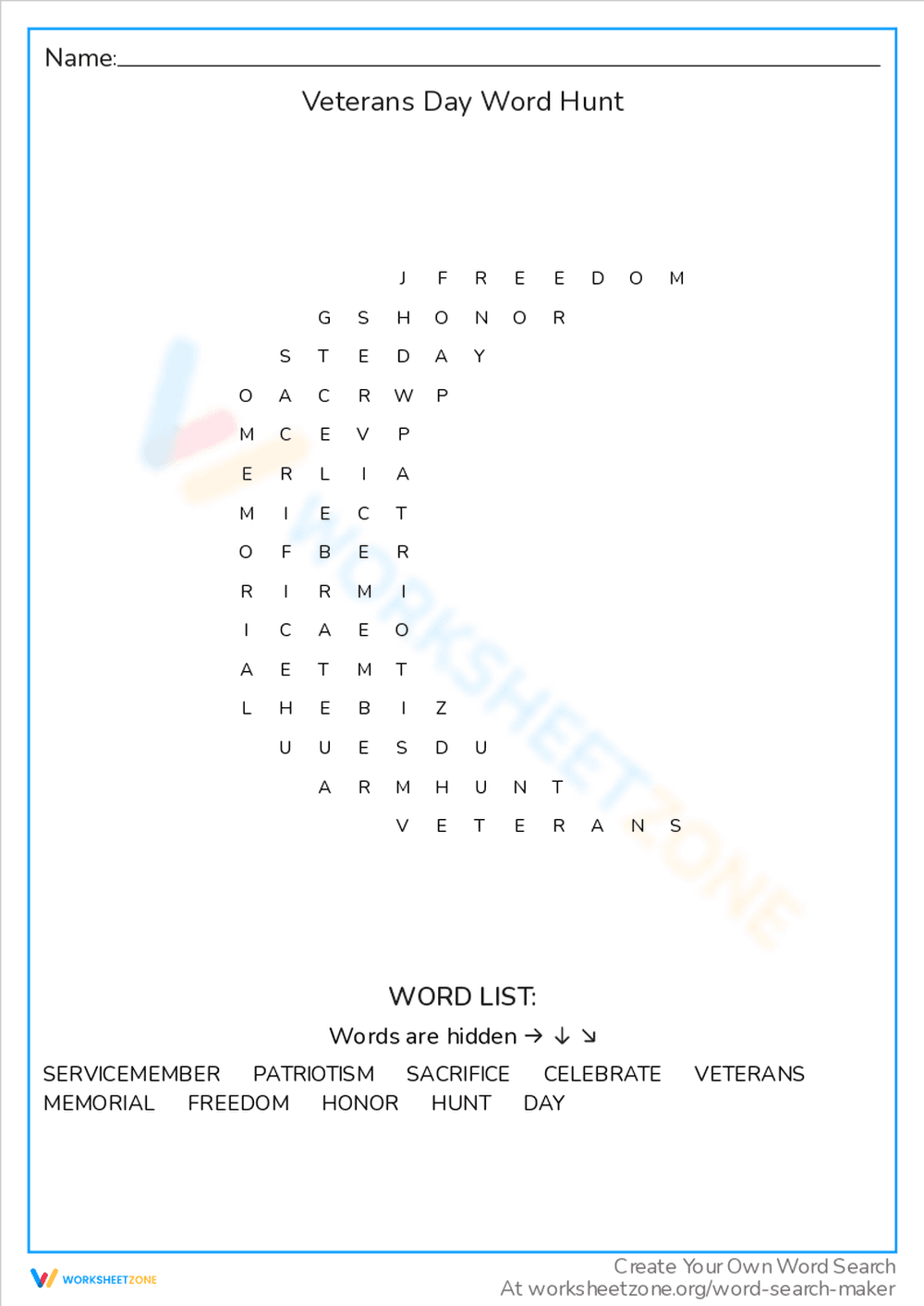 Veterans Day Word Hunt: Find Patriotic Terms - Page 1
