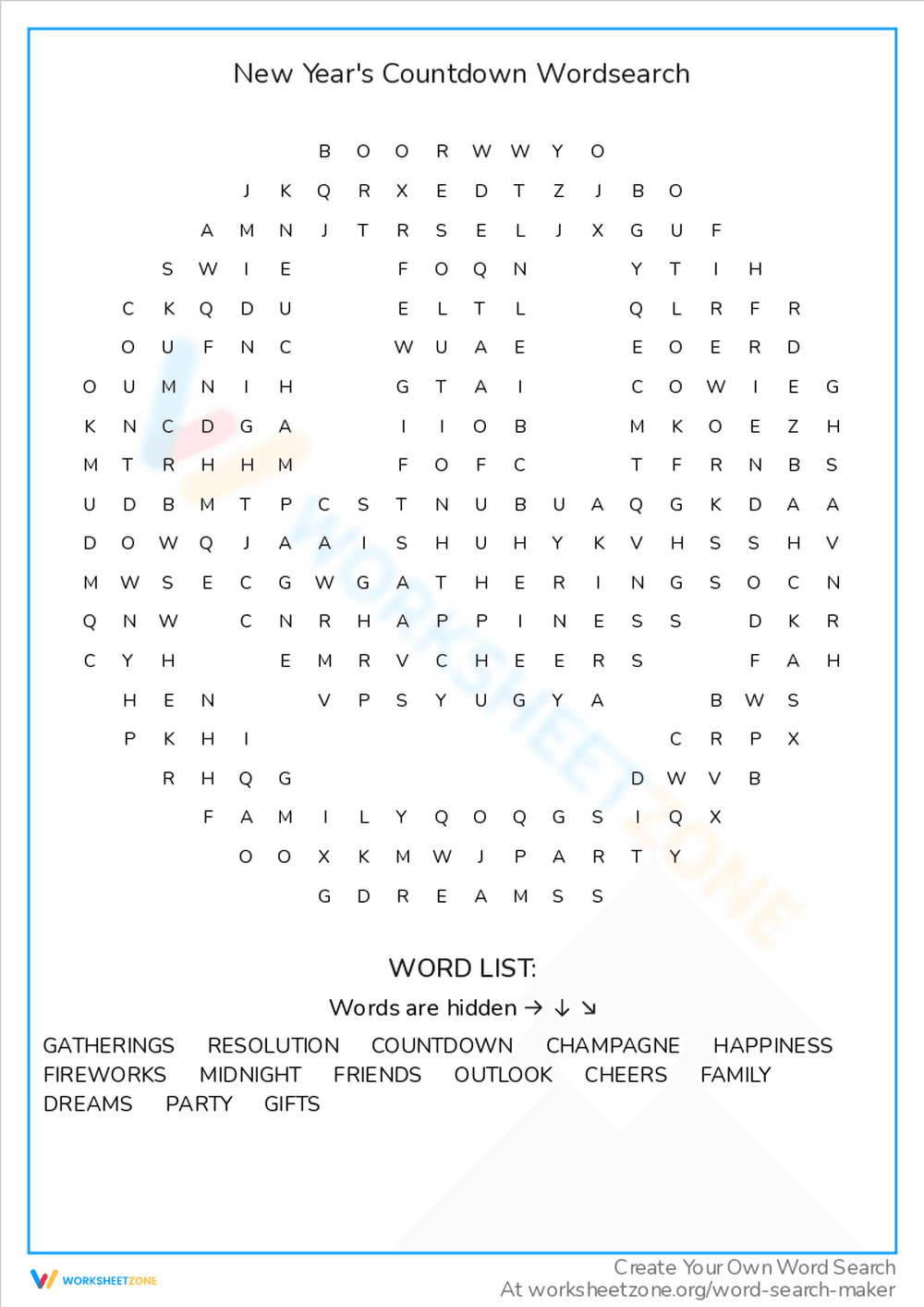 New Year's Countdown Word Search Fun - Page 1