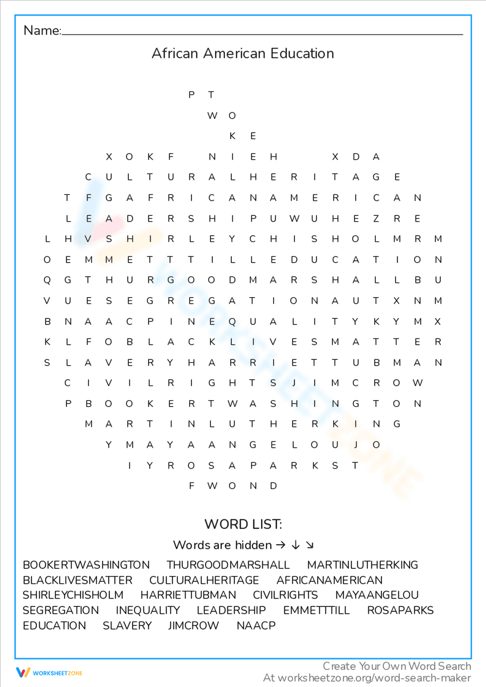 African American Education Word Search Worksheet - Page 1
