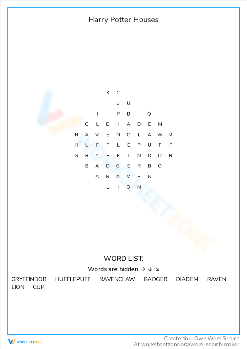 Harry Potter Houses Word Search: Hogwarts - Page 1