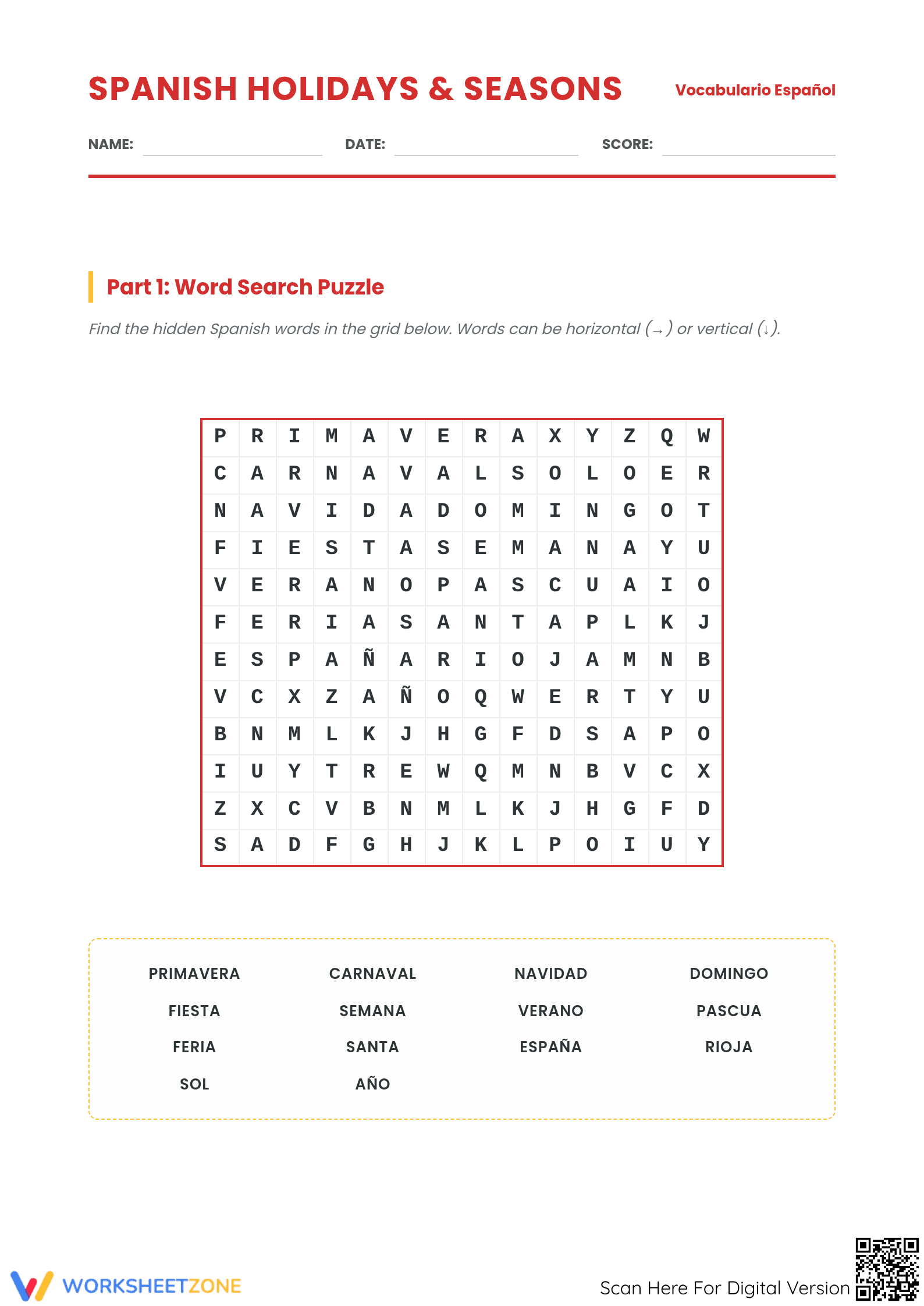 Spanish Holidays Worksheet | Grade 7-10 Essential - Page 1
