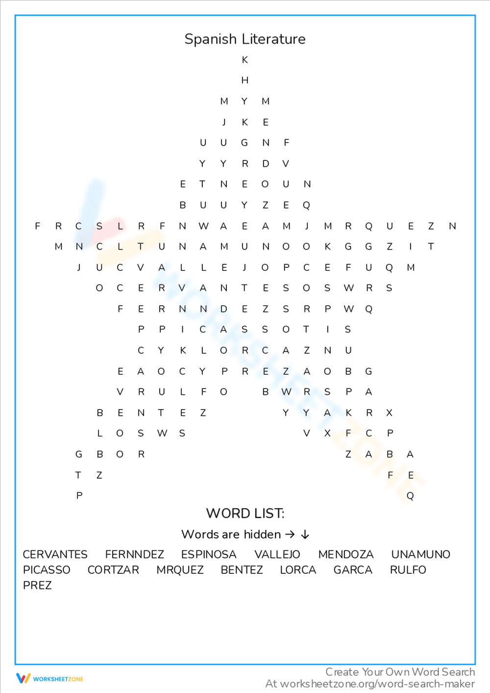 Spanish Literature Word Search Puzzle - Page 1
