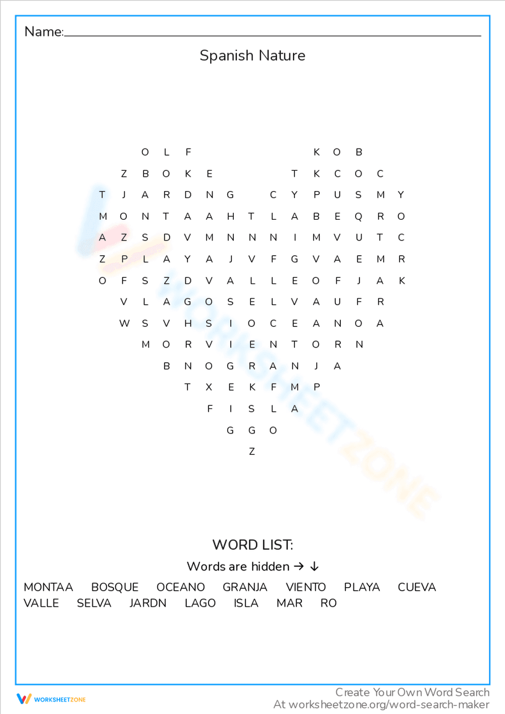 Spanish Nature Word Search Adventure - Page 1