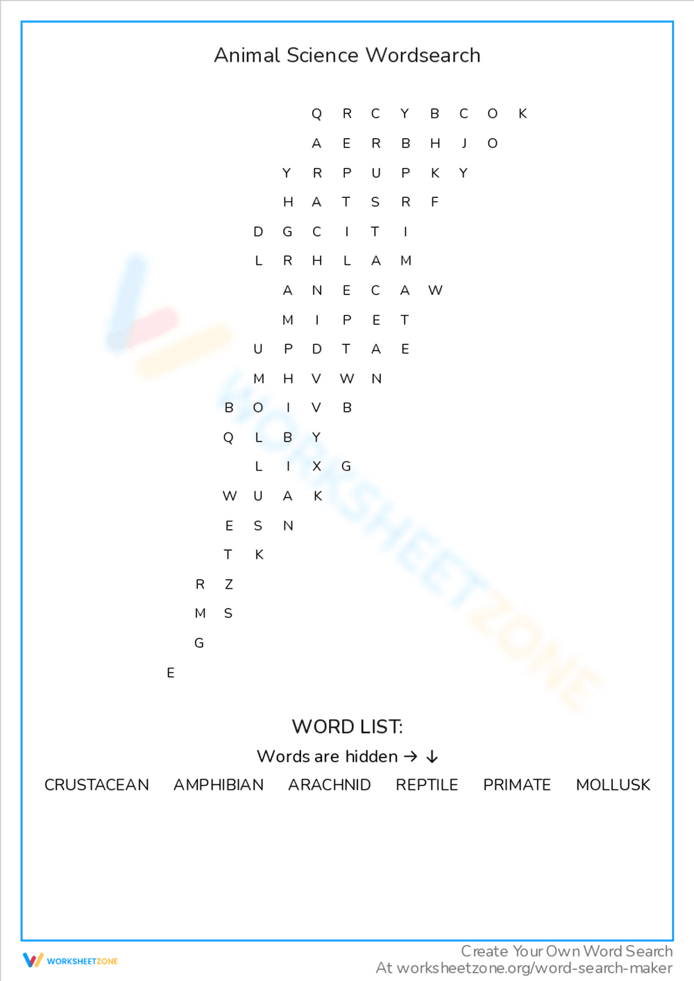 Animal Science Word Search Puzzle - Page 1