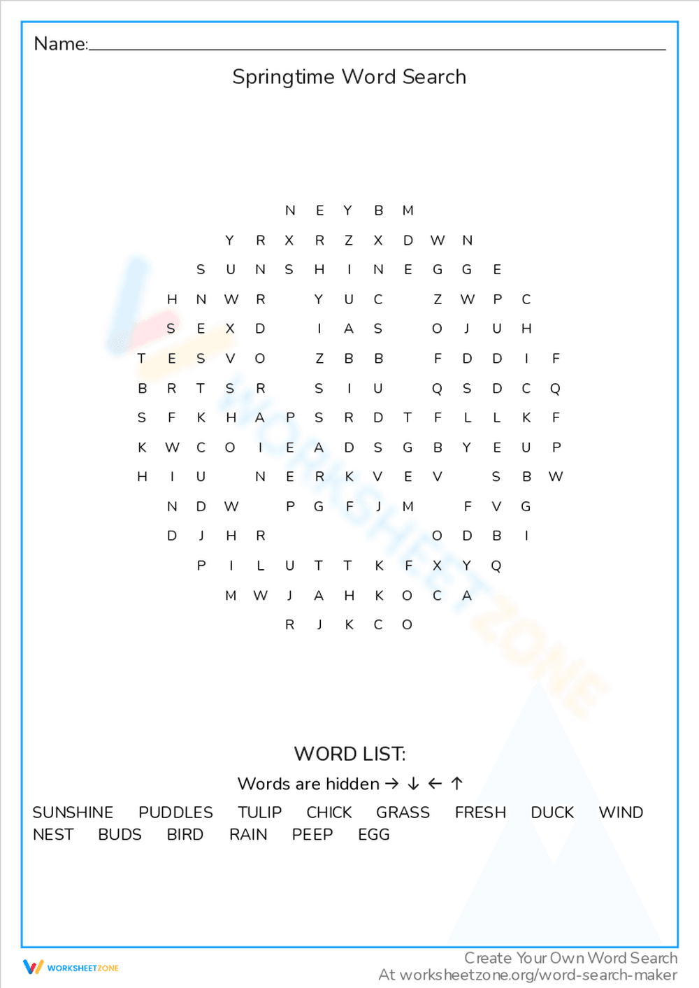 Springtime Word Search Worksheet - Page 1