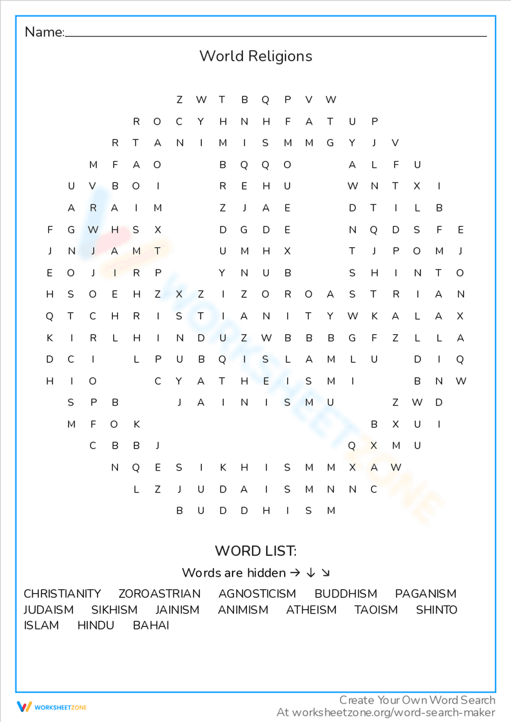 World Religions Word Search Worksheet - Page 1