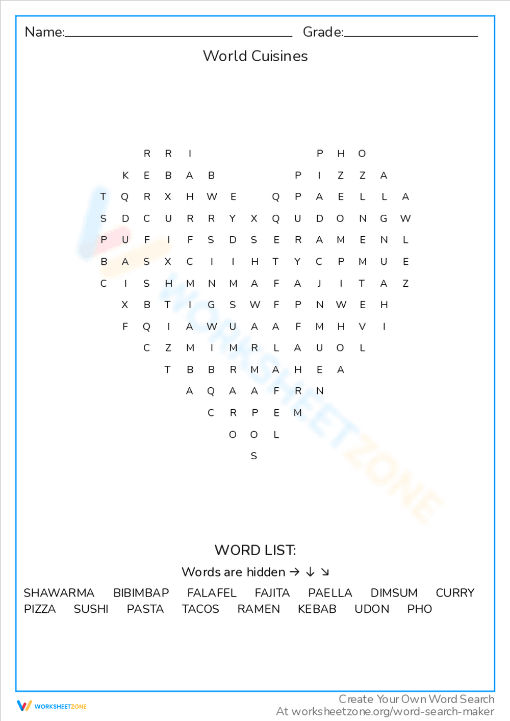 World Cuisines Word Search Worksheet - Page 1