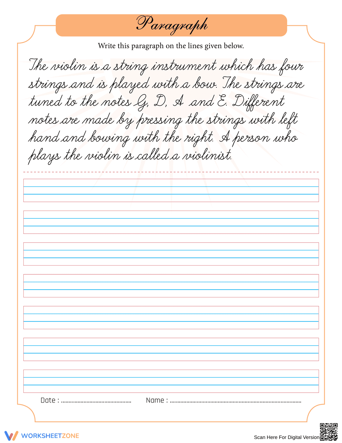 Cursive Violin Paragraph Practice | Grade 3-4 Printable - Page 1