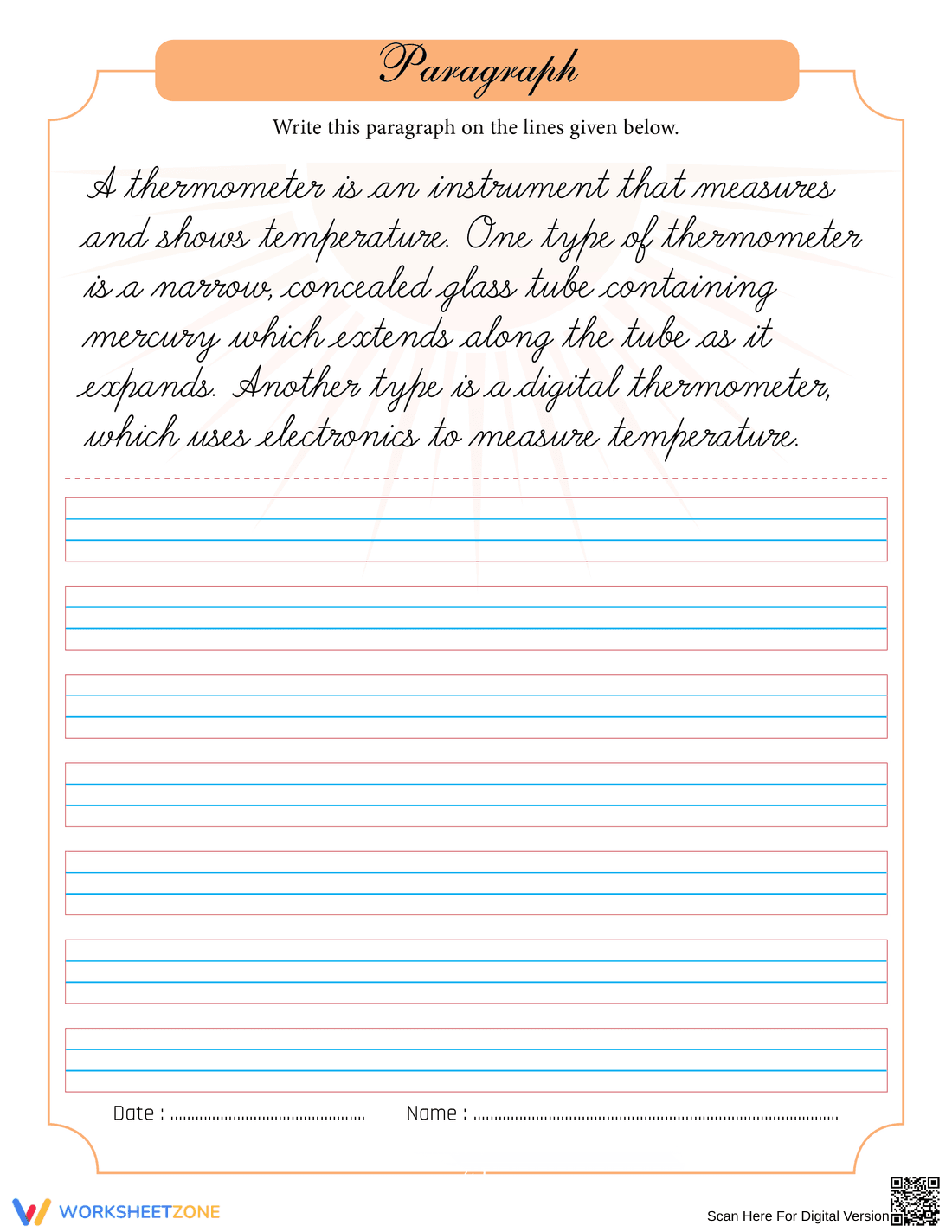 Grade 3 Thermometer Cursive — Printable No-Prep Worksheet - Page 1