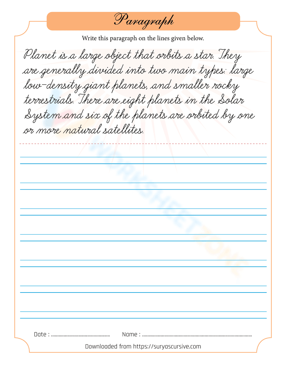 Planets Cursive Writing Worksheet | Grade 3-4 Essential - Page 1