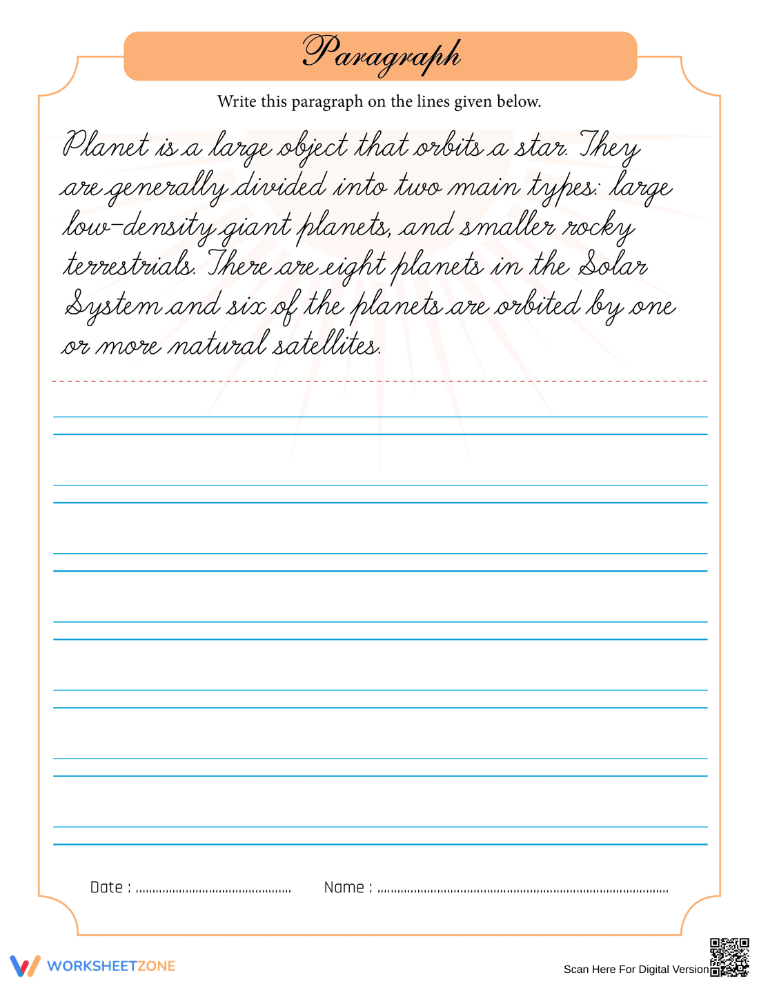 Planets Cursive Writing Worksheet | Grade 3-4 Essential - Page 1