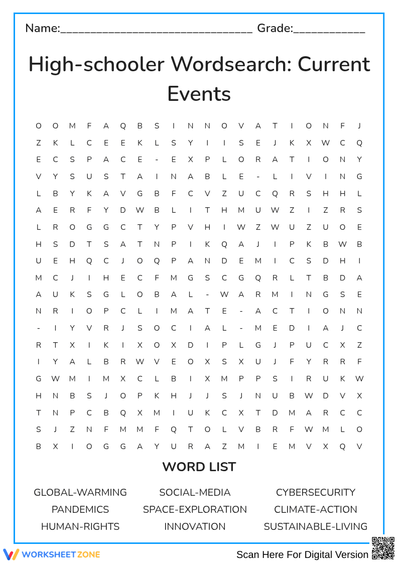 High-schooler Wordsearch: Current Events - Page 1