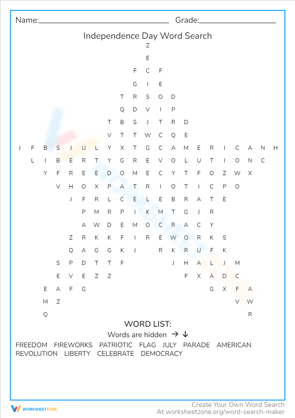 Engaging Independence Day Word Search Worksheet - Page 1