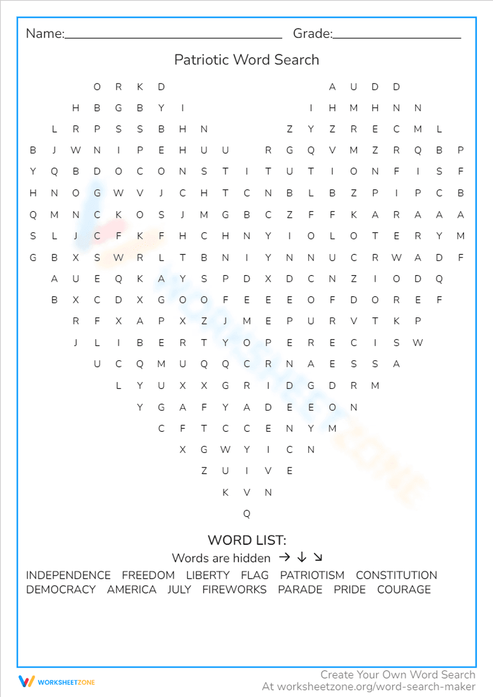 Fun Patriotic Word Search Printable Worksheet - Page 1