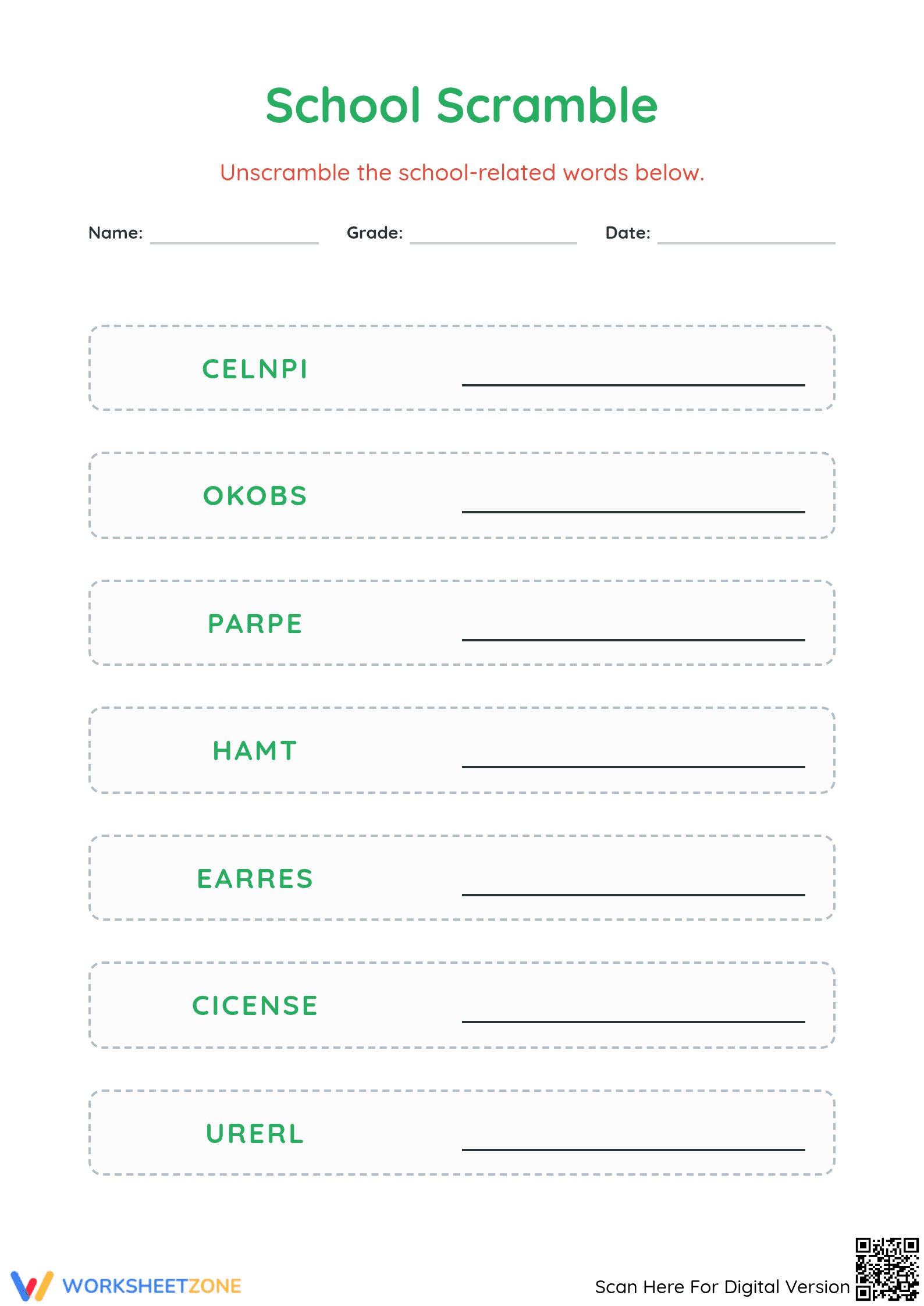 Essential School Word Scramble Worksheet | Grade 3 Spelling - Page 1