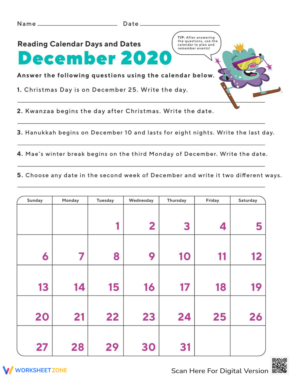 December 2020 Calendar Days and Dates Worksheet - Page 1