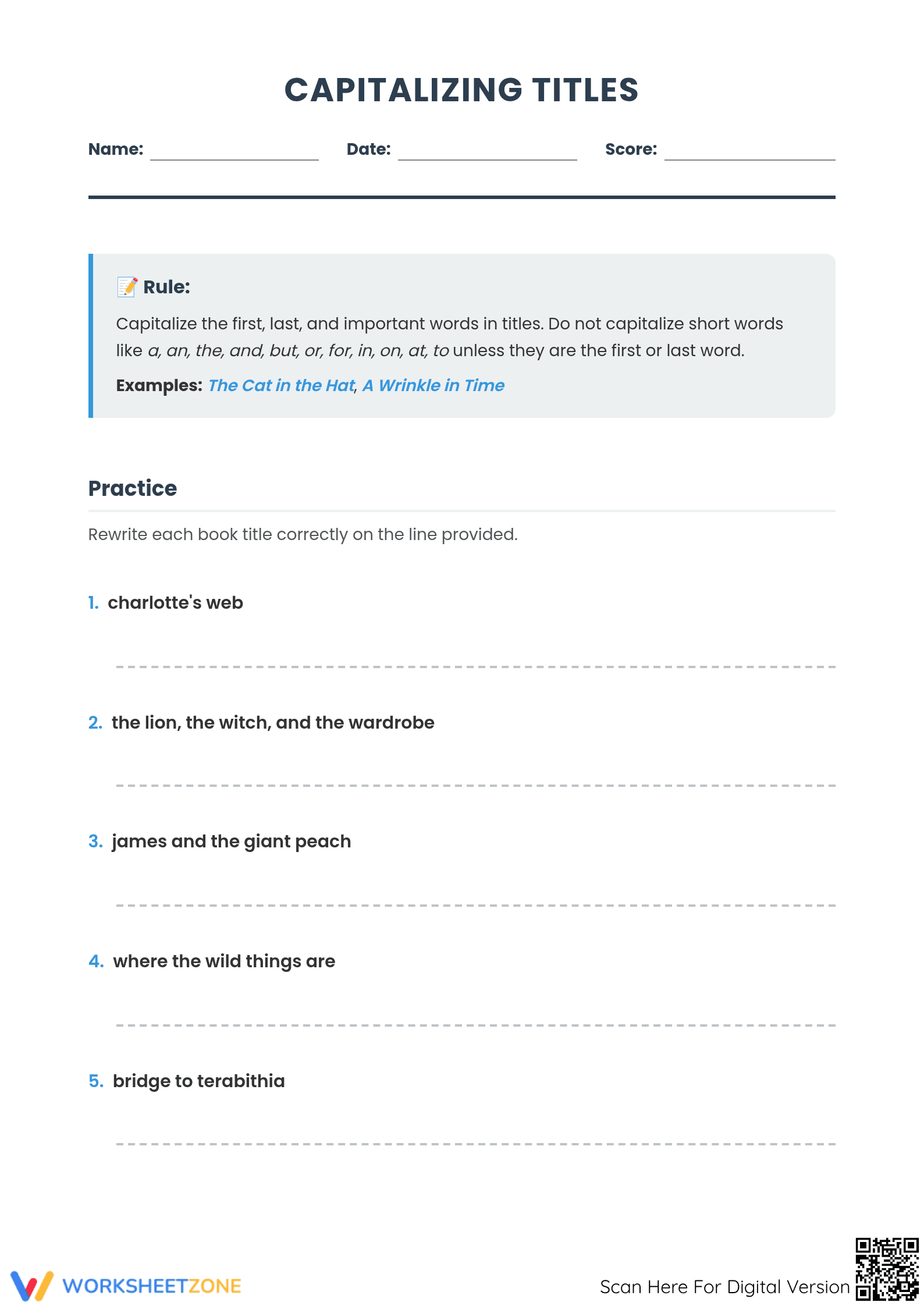 Essential Title Capitalization Rules Worksheet | Grade 4 - Page 1