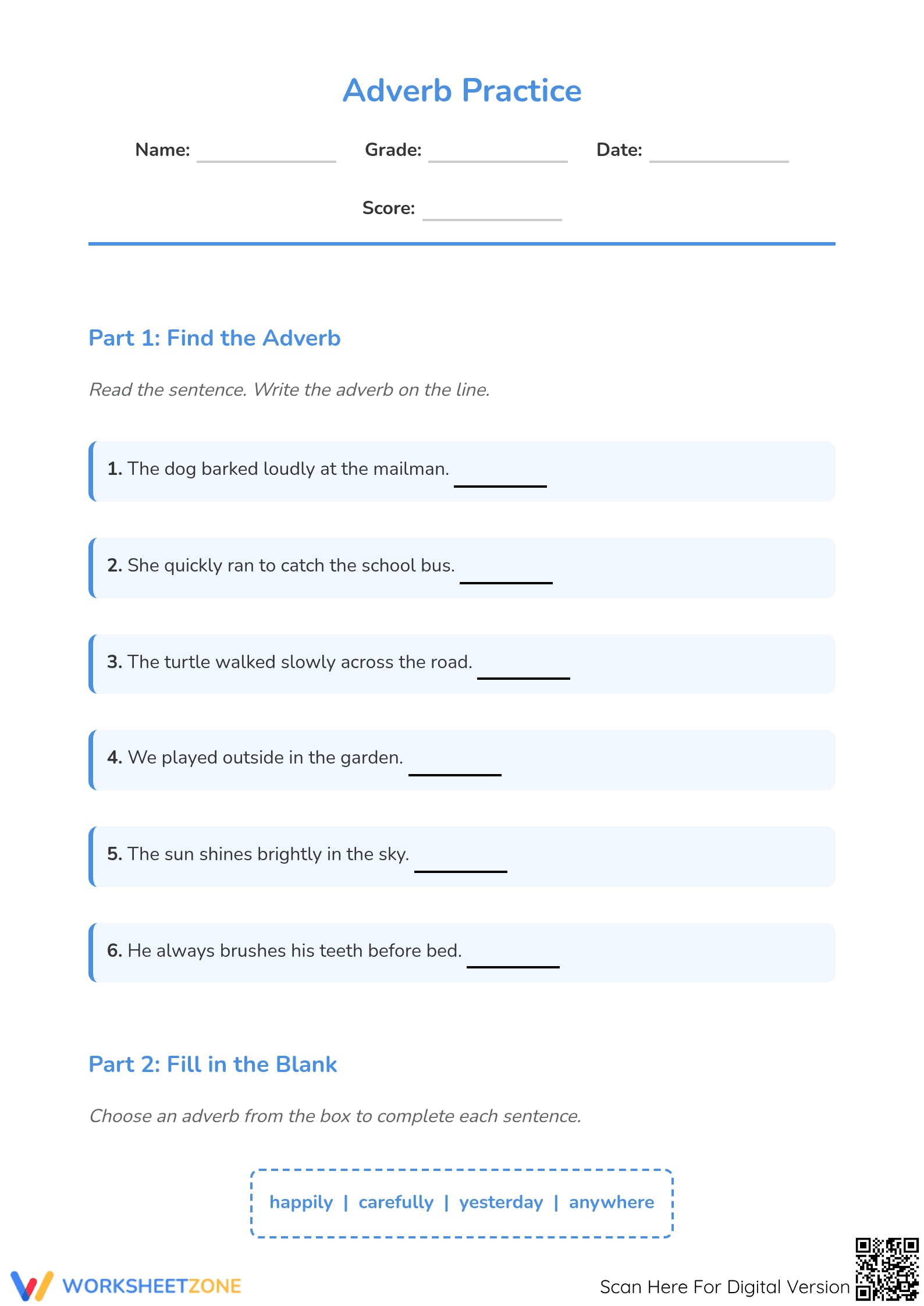 Adverbs Practice Worksheet | Grade 3 Printable Essential - Page 1