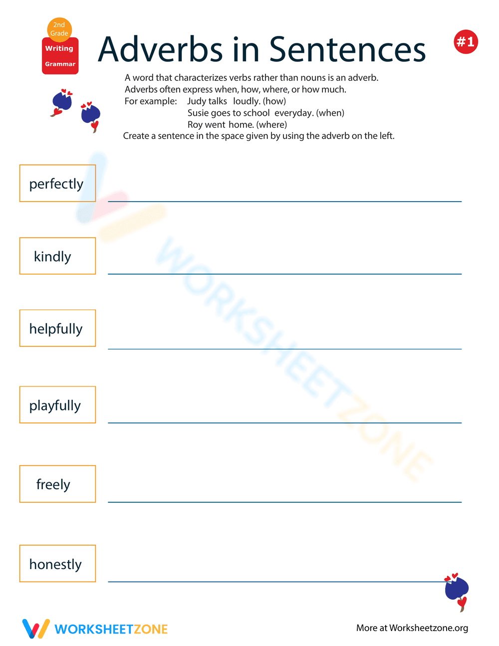 Writing Sentences with Adverbs Worksheet - Page 1