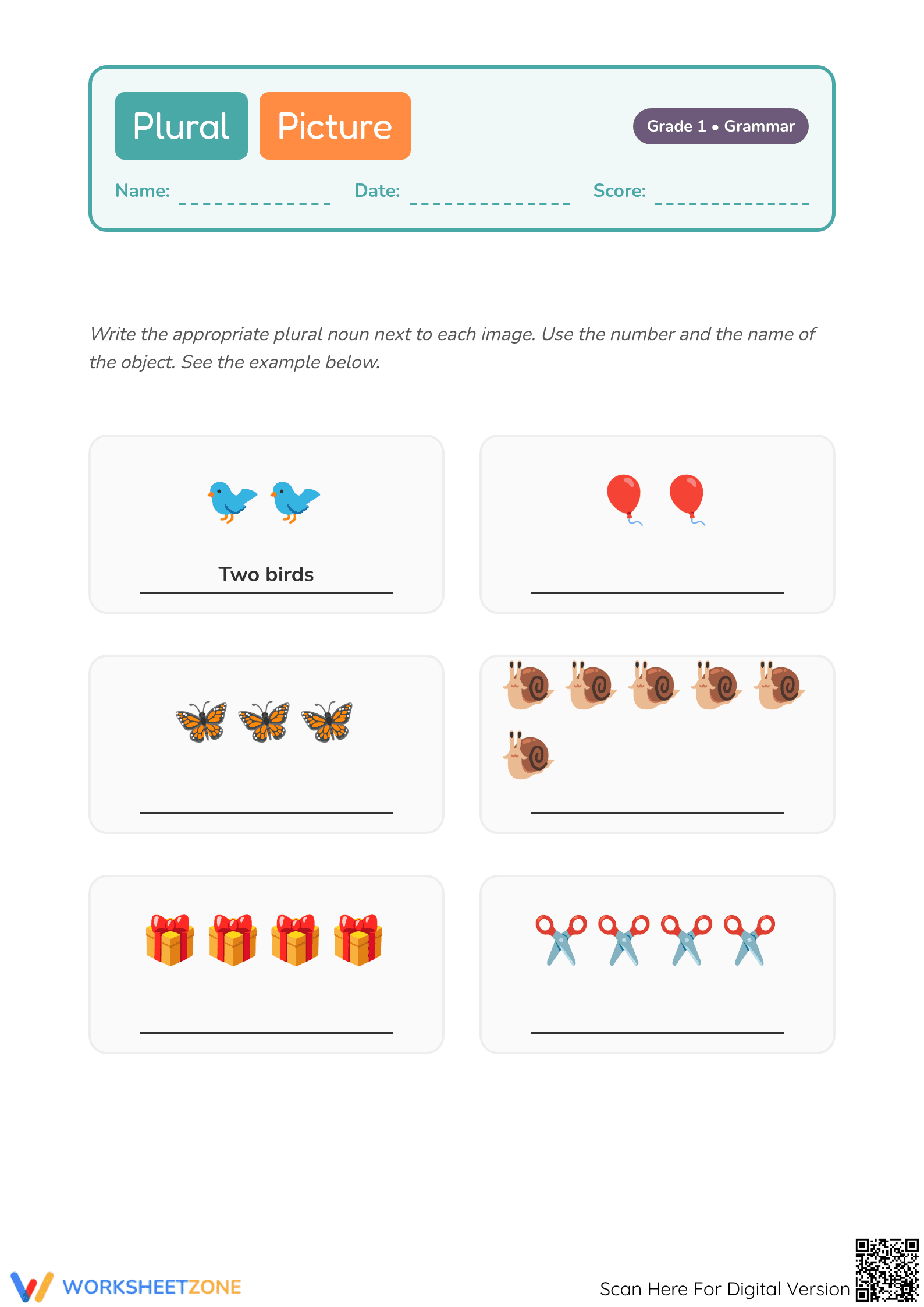 Plural Nouns Printable Worksheet | Grade 1 ELA - Page 1