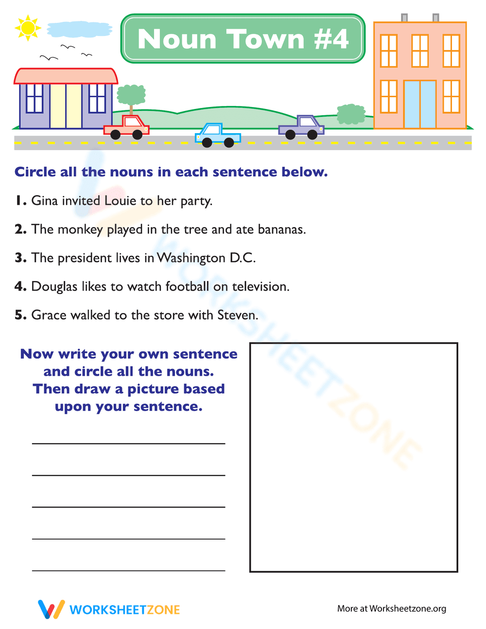 Noun Town Worksheet: Identifying Nouns - Page 1