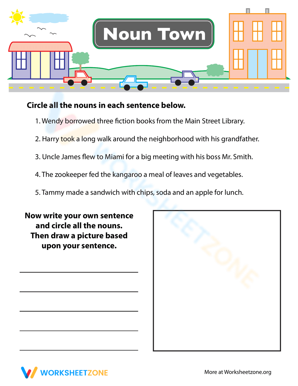 Noun Town 6 Worksheet: Exploring Nouns - Page 1